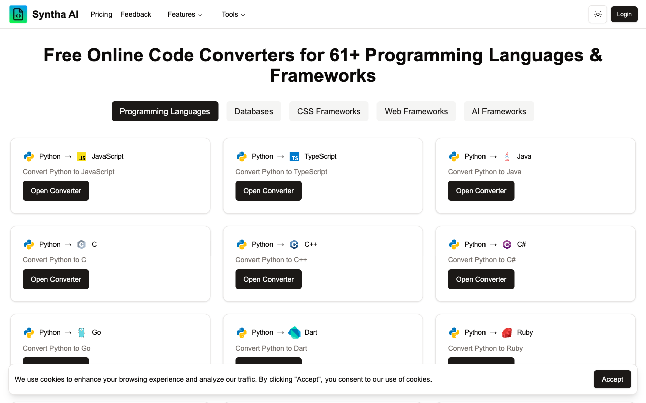 Free Online Code Converters for 61 Programming Languages & Frameworks