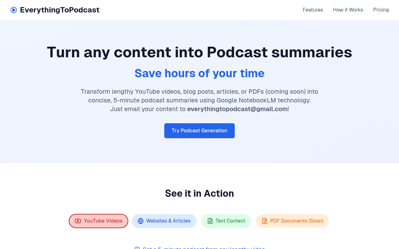 Transform any content into 10-minute podcast summaries